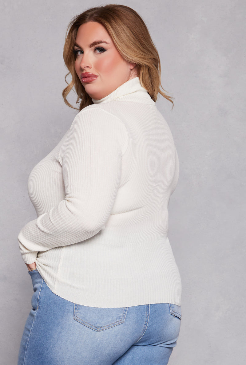 Plus Size Ribbed Knit Pullover Turtleneck Sweater
