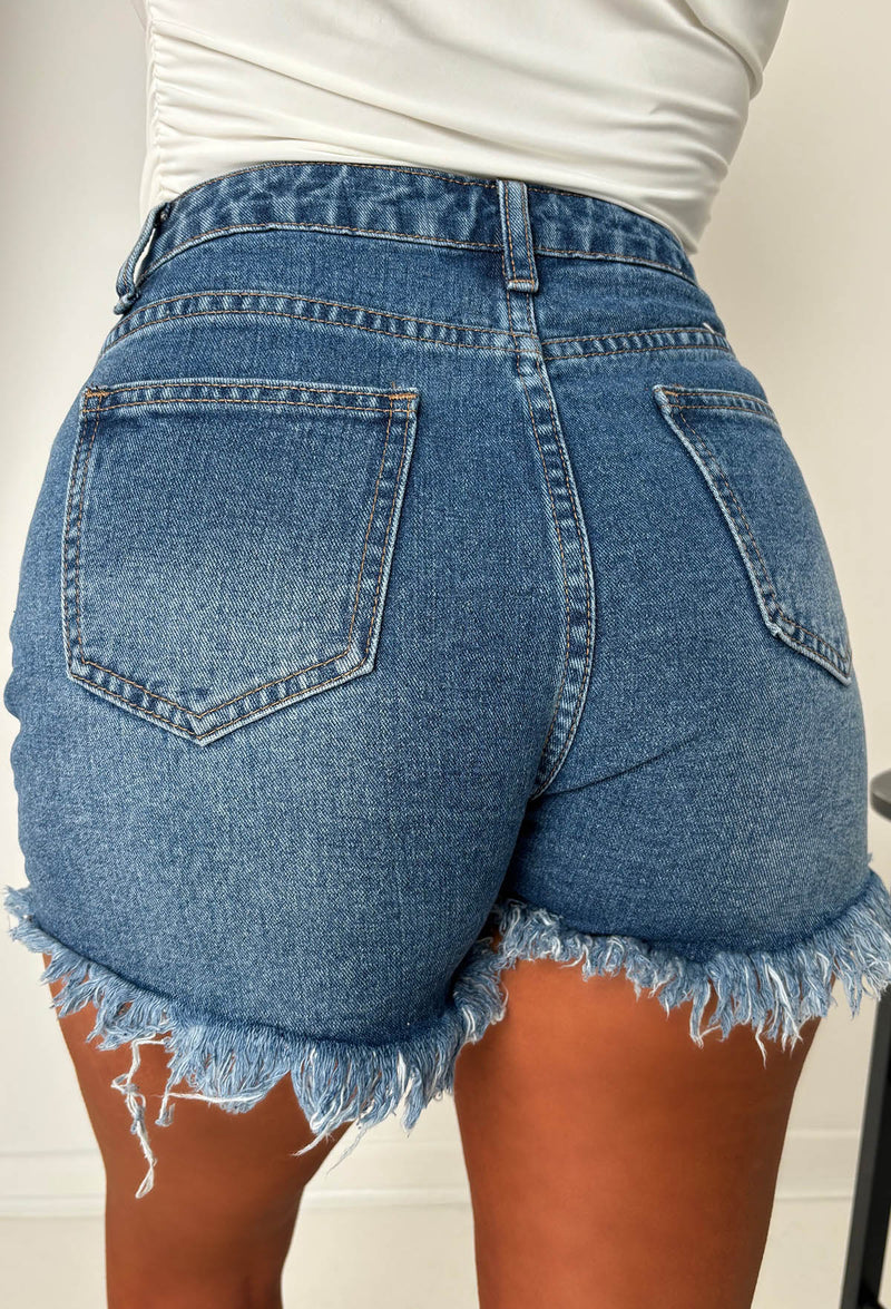 Hold'Em Close Mid Wash Stretch Frayed Cut Off Denim Shorts