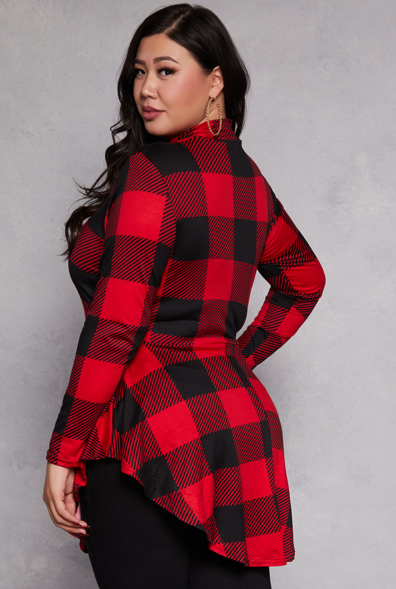 Plus Size Buffalo Plaid Mock Neck Peplum Top