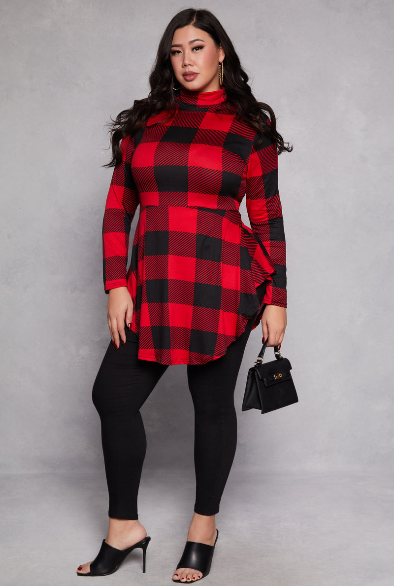 Plus Size Buffalo Plaid Mock Neck Peplum Top