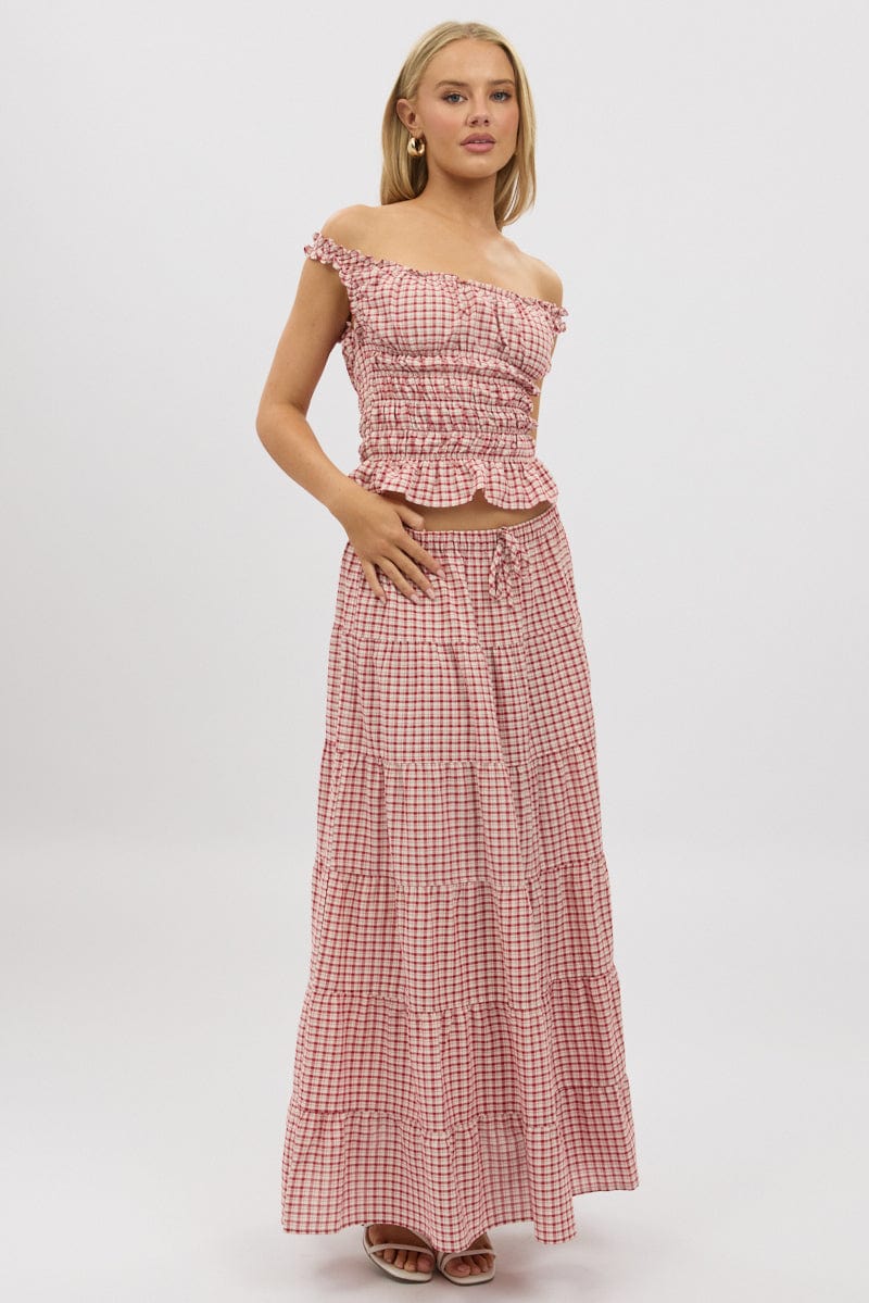 Red Check Maxi Skirt Tiered High Rise