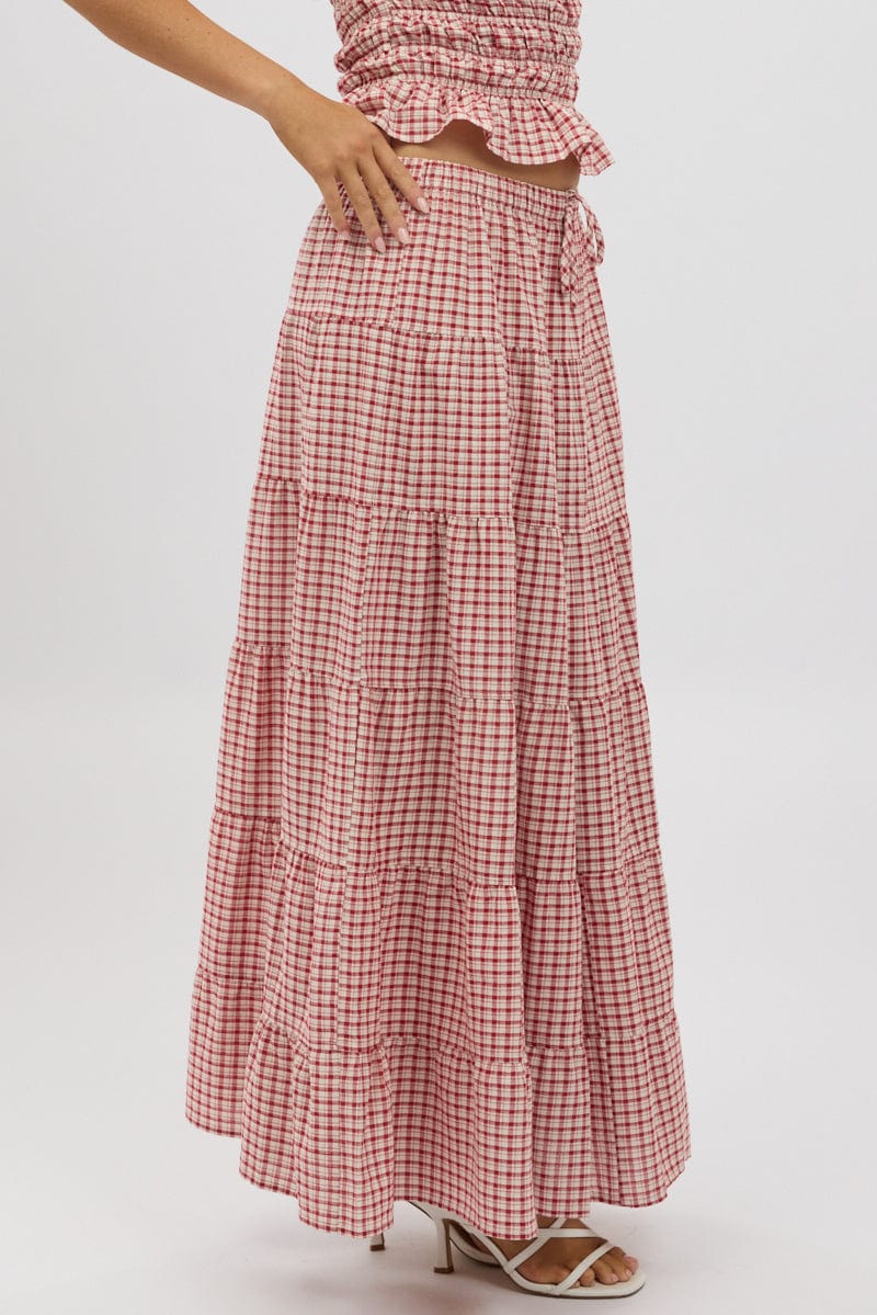 Red Check Maxi Skirt Tiered High Rise