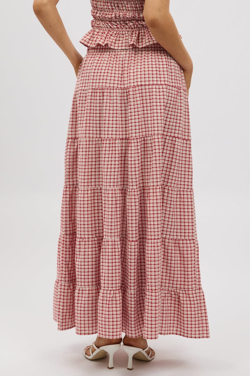 Red Check Maxi Skirt Tiered High Rise