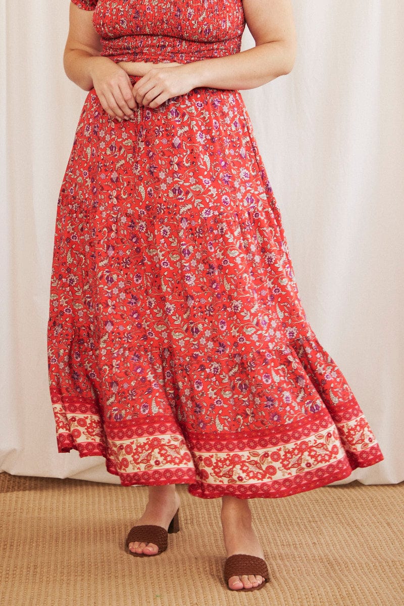 Red Boho Maxi Skirt Tiered