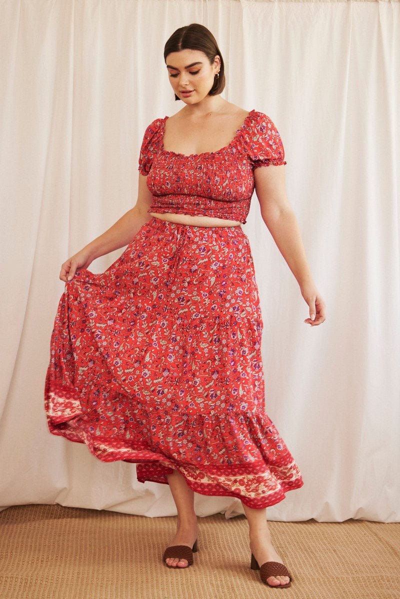 Red Boho Maxi Skirt Tiered
