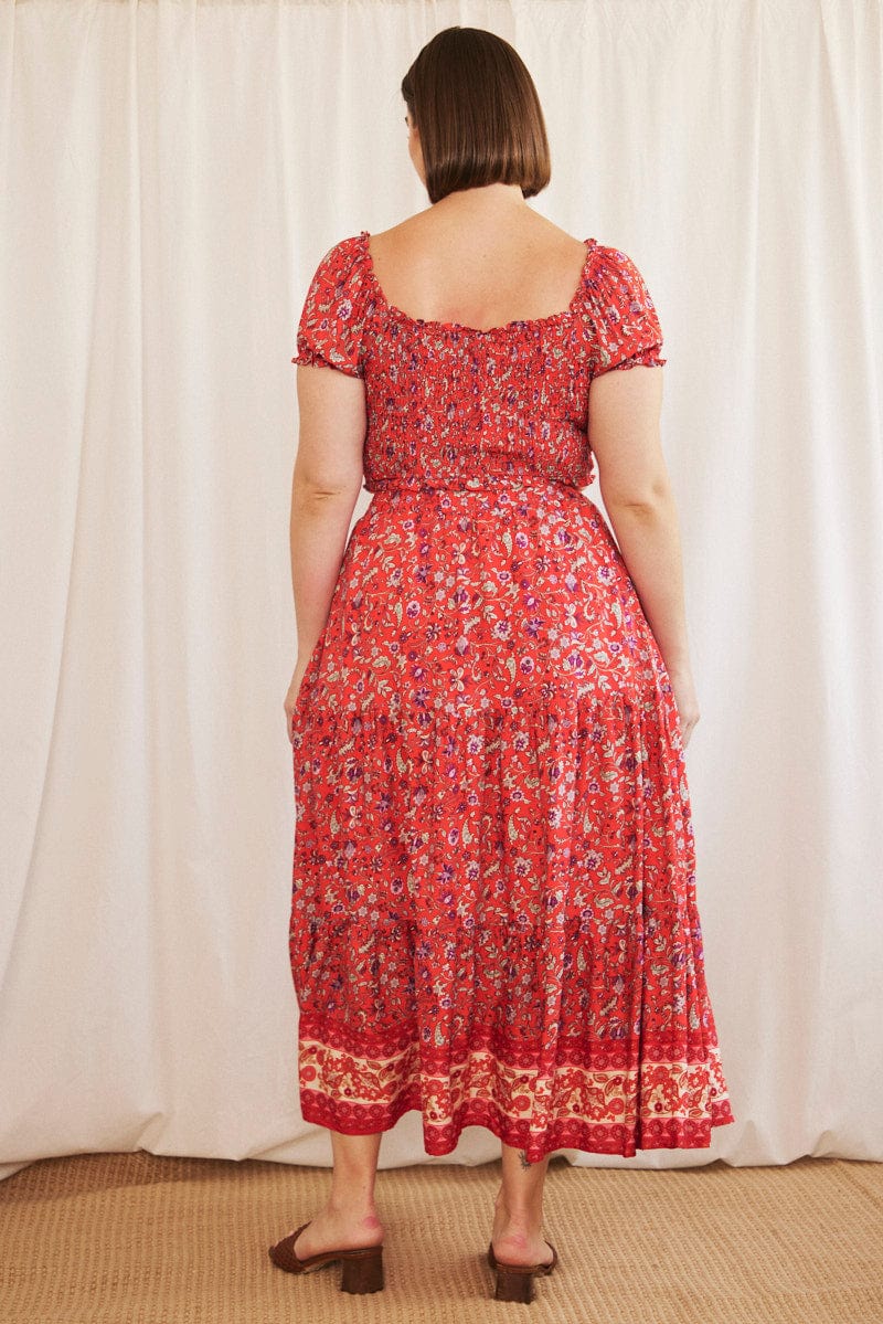 Red Boho Maxi Skirt Tiered