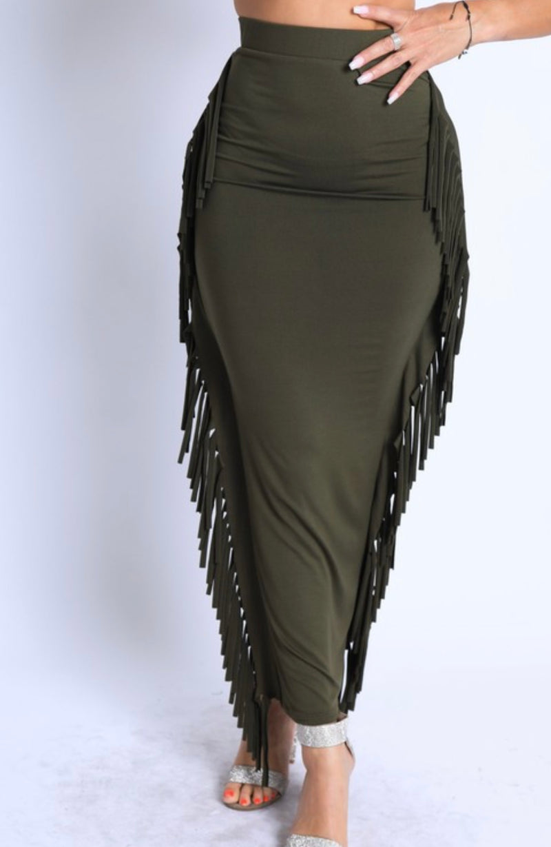 Fringed Maxi Skirt Olive Green
