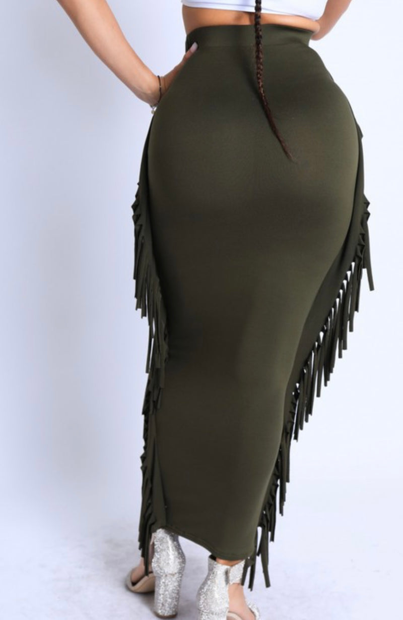 Fringed Maxi Skirt Olive Green