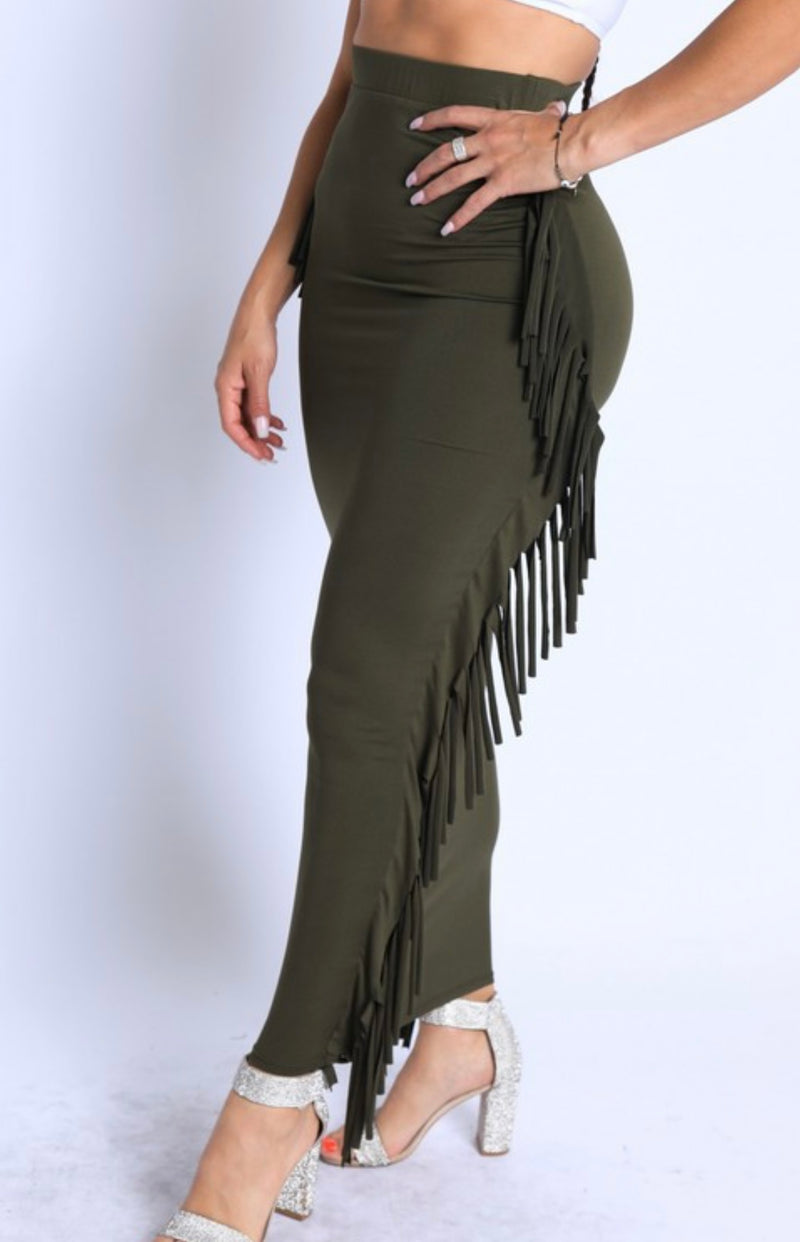 Fringed Maxi Skirt Olive Green