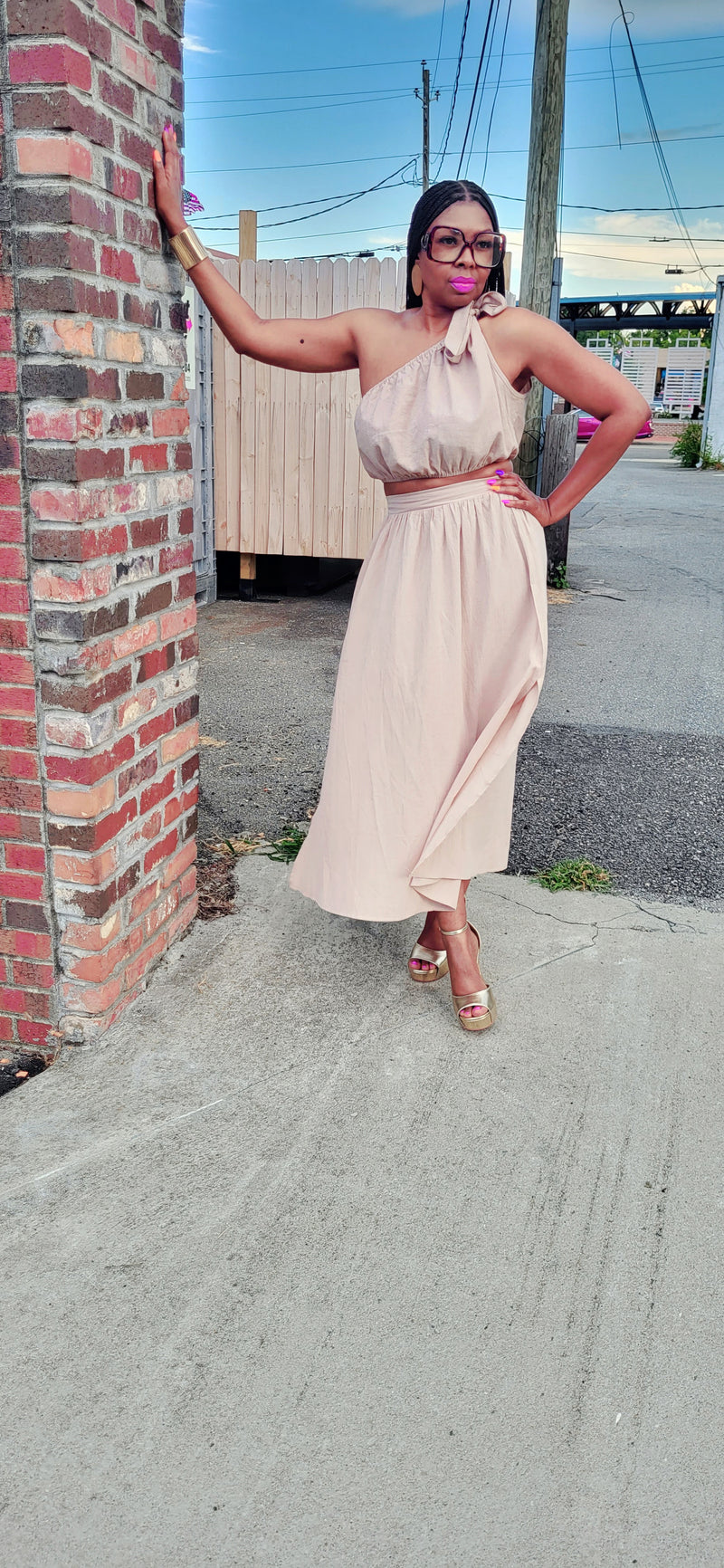 One Shoulder 2PC Skirt Set (Beige)