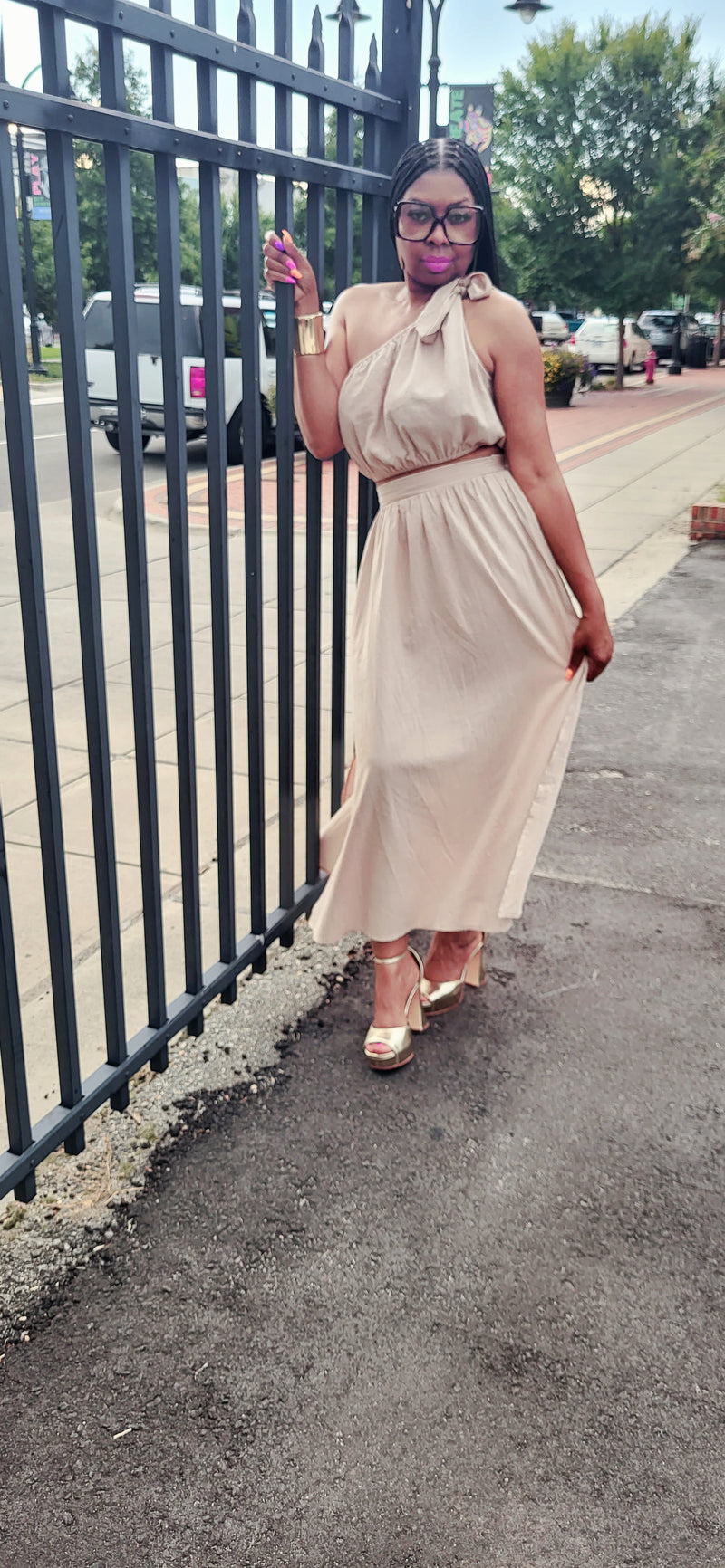One Shoulder 2PC Skirt Set (Beige)