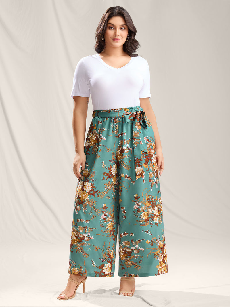Sweet Floral Print Belted Wide-Leg Pants