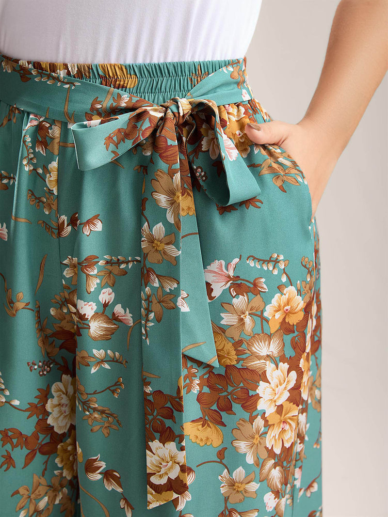 Sweet Floral Print Belted Wide-Leg Pants