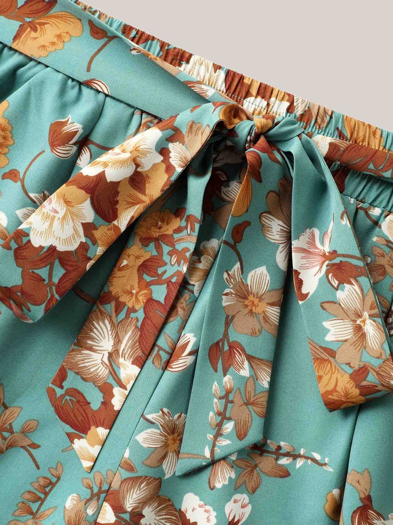 Sweet Floral Print Belted Wide-Leg Pants