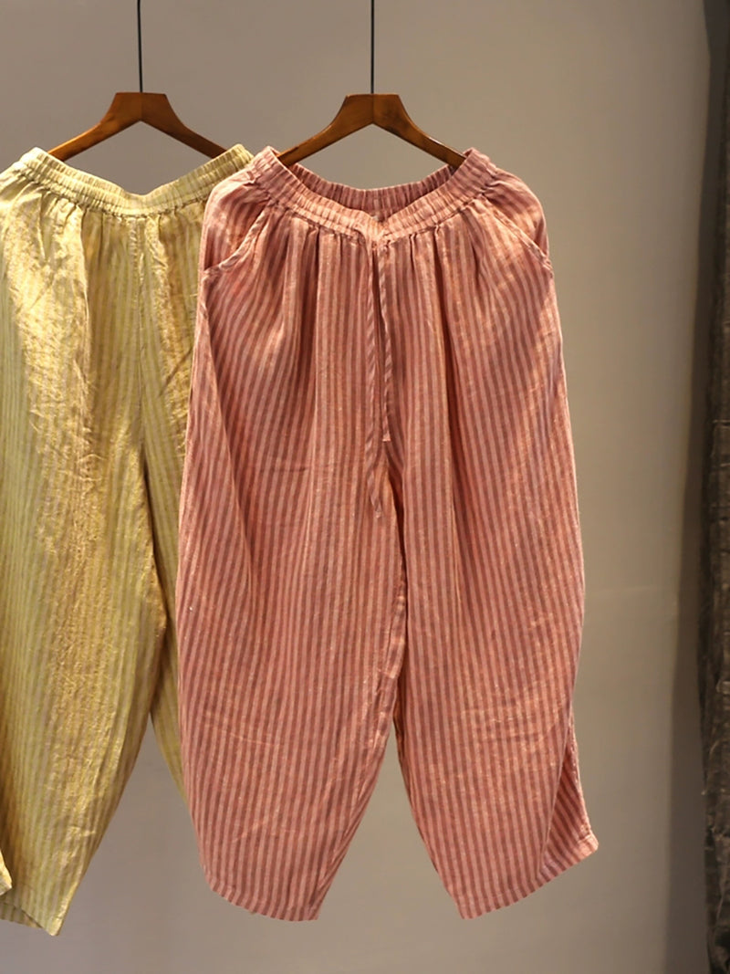 Plus Size Women Summer Stripe Straight 100%Linen Pants