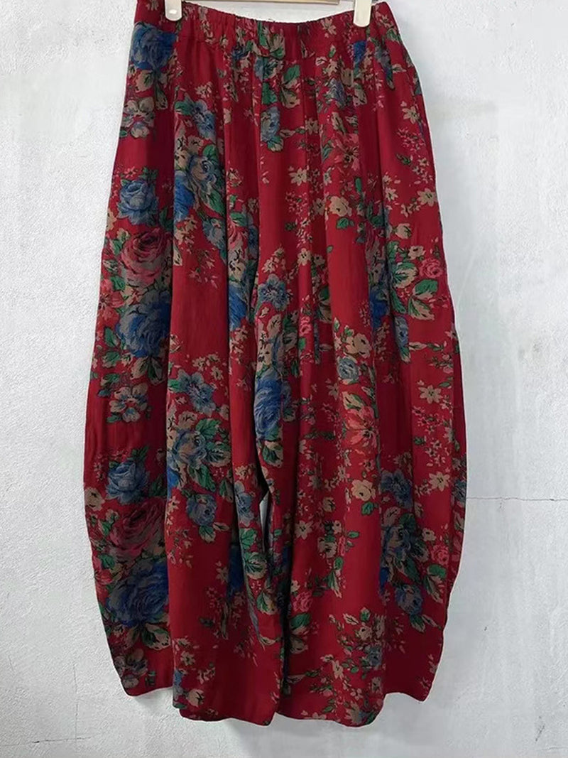 Plus Size Women Summer Vintage Floral Pocket Pants