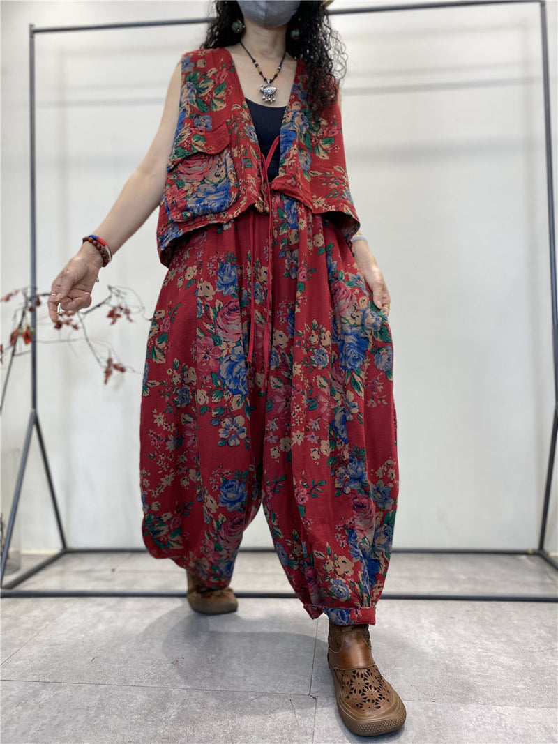 Plus Size Women Summer Vintage Floral Pocket Pants