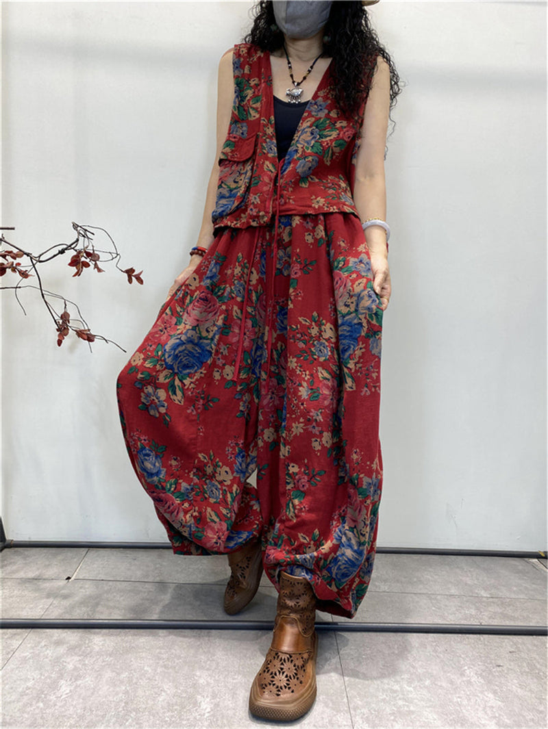 Plus Size Women Summer Vintage Floral Pocket Pants