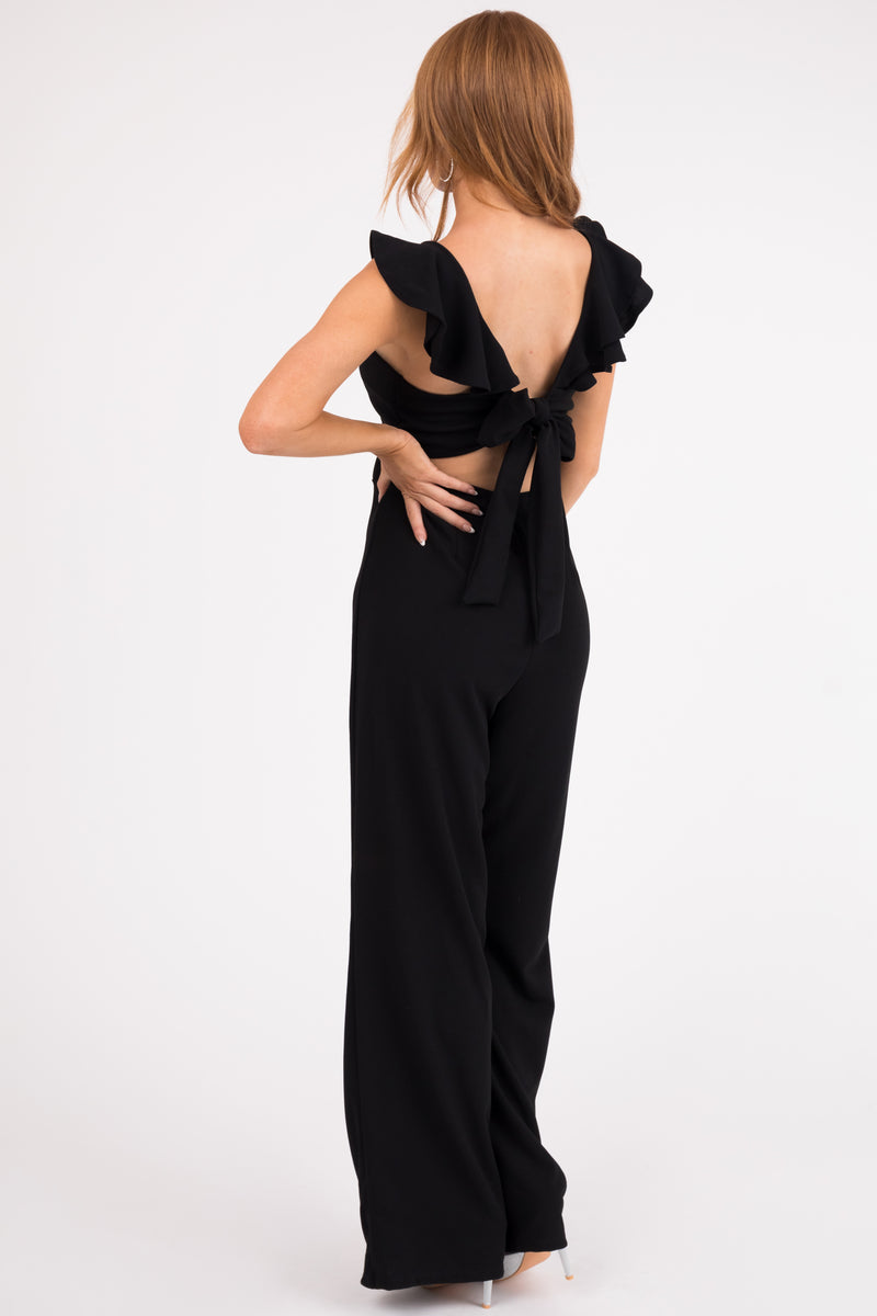 Lila Black Ruffle Cap Sleeve Open Tie Back Jumpsuit
