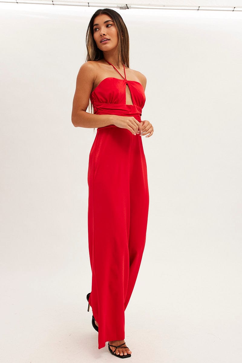 Red Keyhole Jumpsuit Slinky Wide Leg