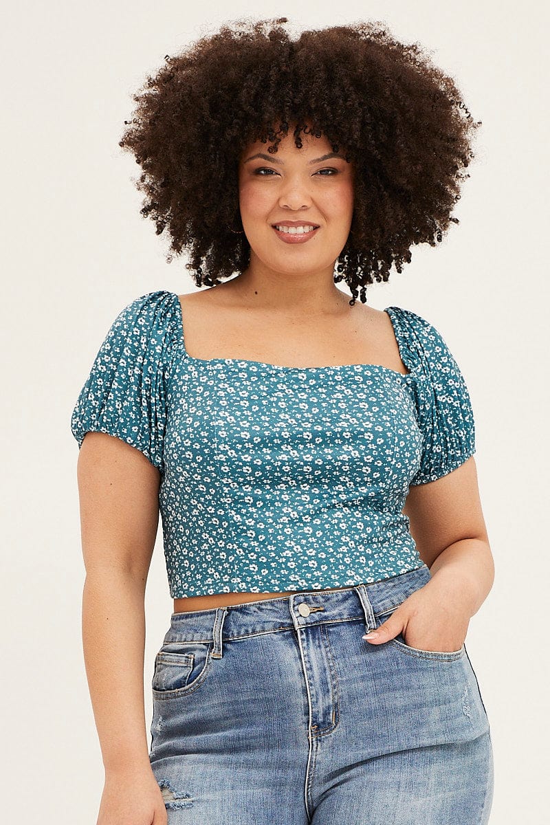 Floral Print Square Neck Puff Sleeve Crop Top