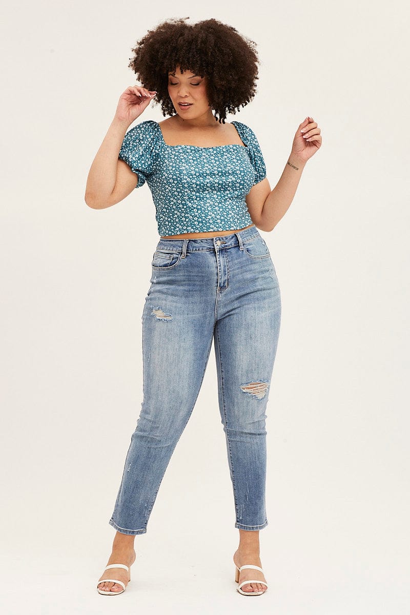 Floral Print Square Neck Puff Sleeve Crop Top