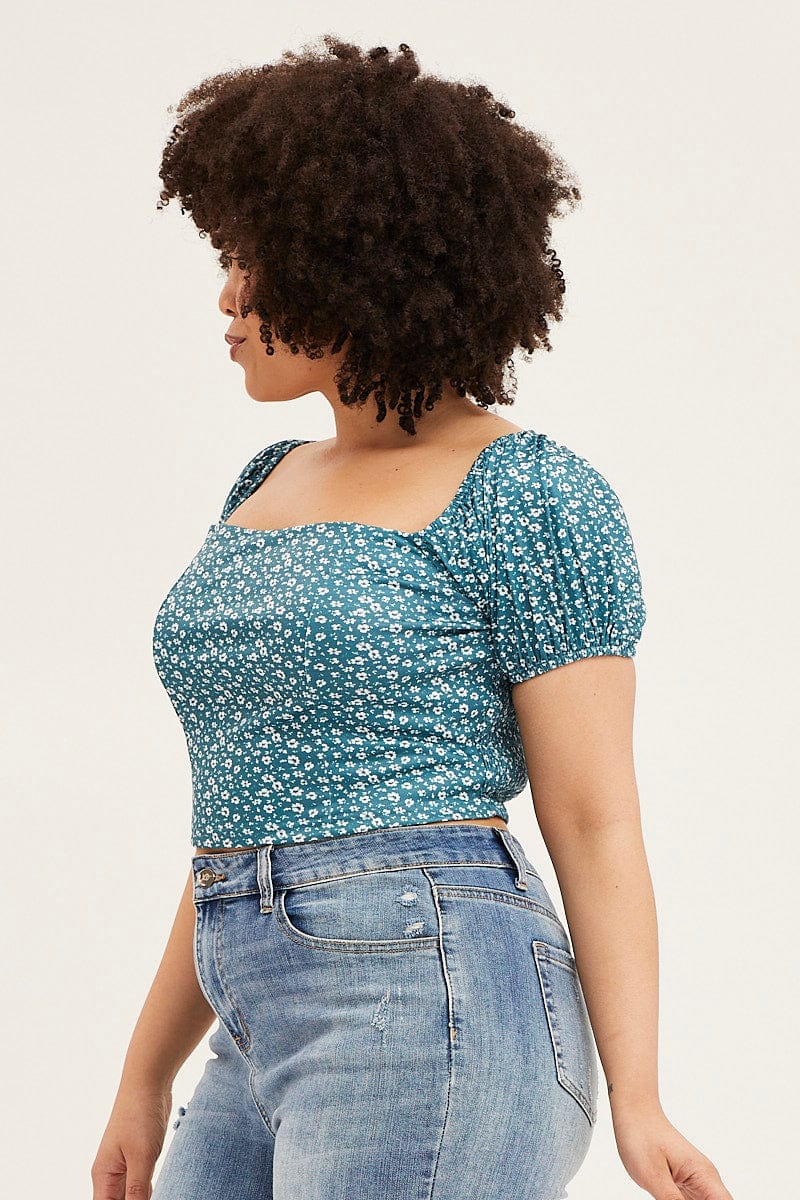 Floral Print Square Neck Puff Sleeve Crop Top