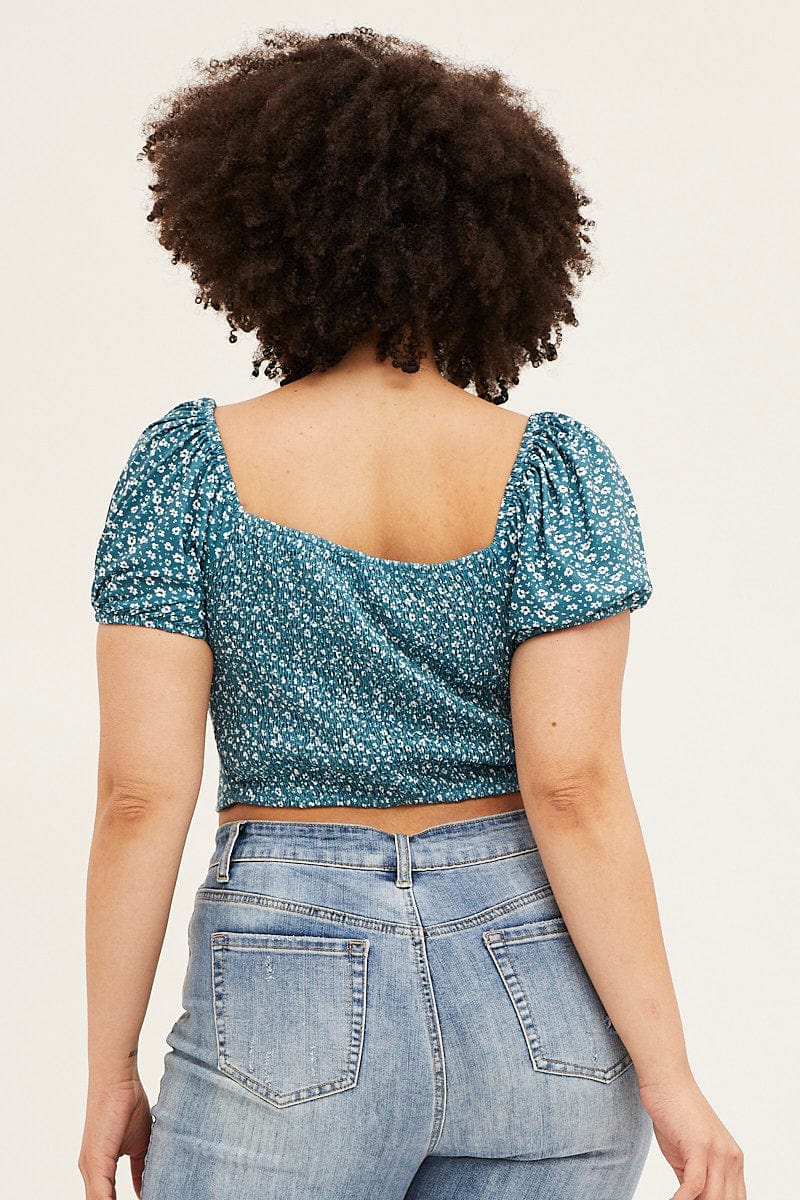 Floral Print Square Neck Puff Sleeve Crop Top