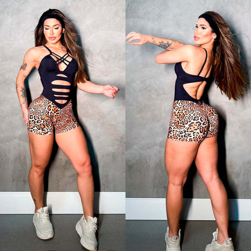 SCRUNCH BOOTY BROWN AND BLACK RIPPED SHORT JUMPSUIT