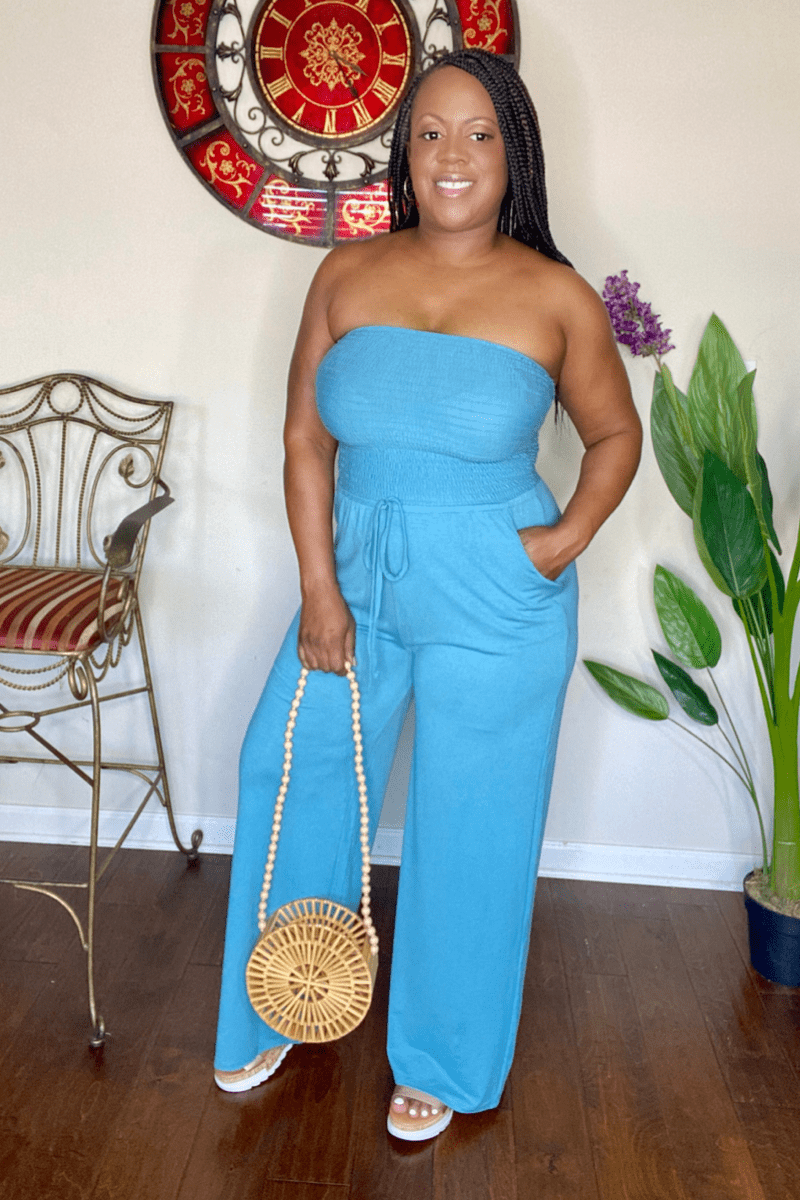 Vacay Me Please Smocked Tube Jumpsuit (Dusty Teal)- Final Sale