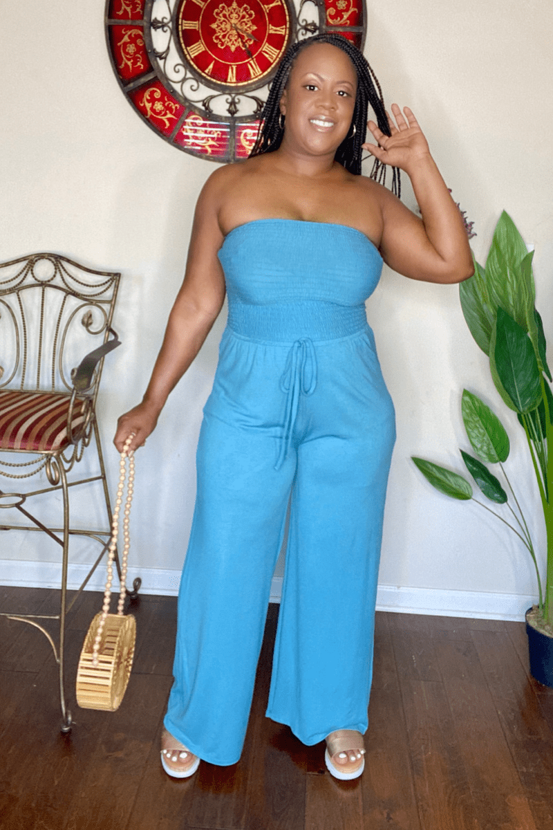 Vacay Me Please Smocked Tube Jumpsuit (Dusty Teal)- Final Sale