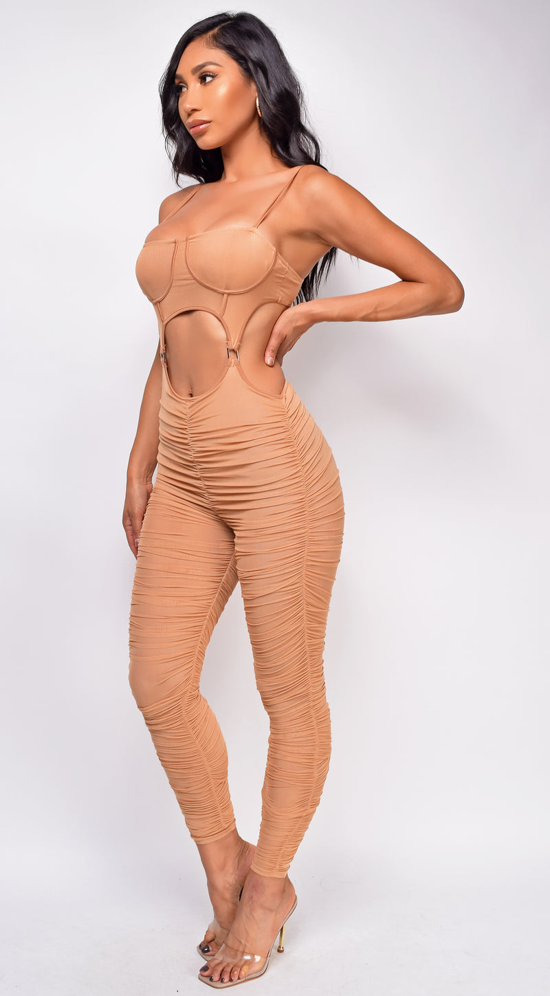 Roux Beige Ruched Jumpsuit