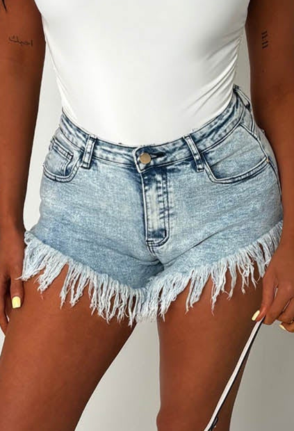 Frayed & Frantic Light Blue Frayed Cut Off Stretch Denim Shorts
