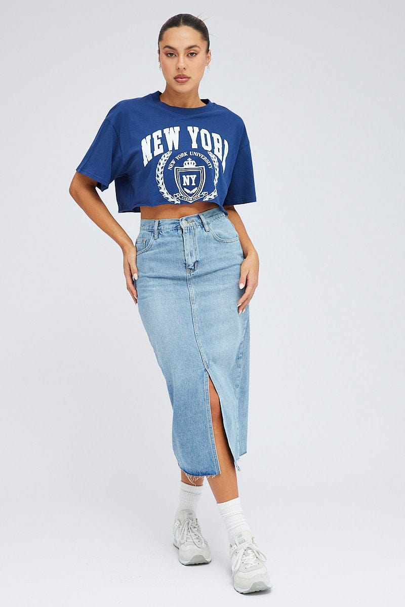 Blue Crop T Shirt Short Sleeve Crew Neck New York