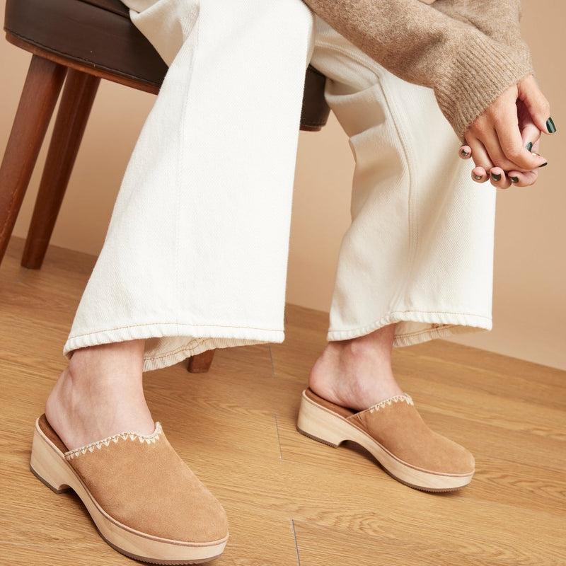 Addison Brown Suede Deco Stitch Clog Heel