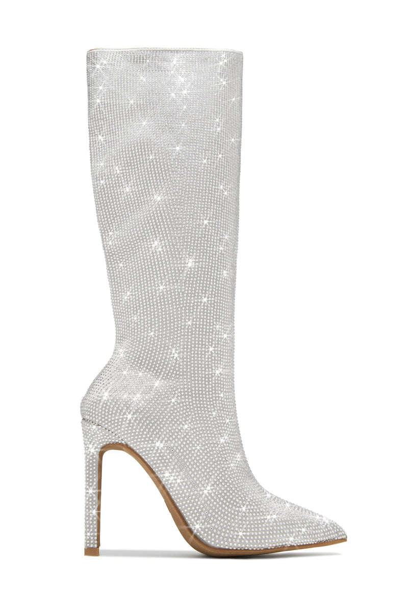 After Party Embellished High Heel Boots - Silver