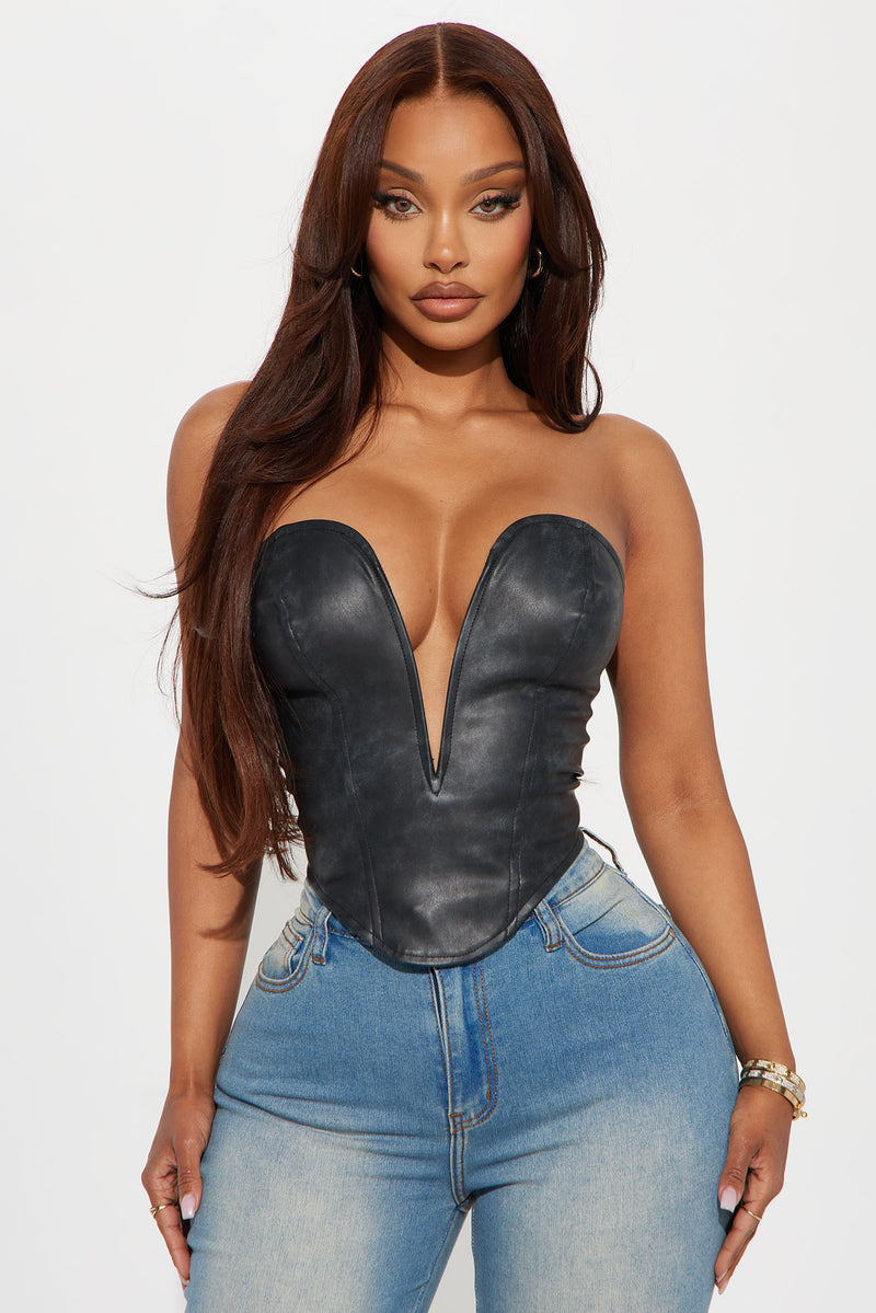 Eyes Up Here Faux Leather Corset Top - Black