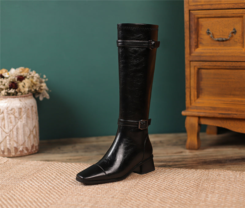 TinaCus Women's Square Toe Genuine Leather Handmade Zipper Chunky Heels Trendy Knee High Boots with Buckles