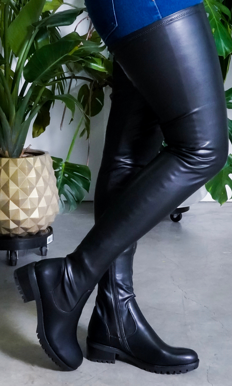 She's Killing It Surgical | Thigh High Flat Stretch Boots FINAL SALE