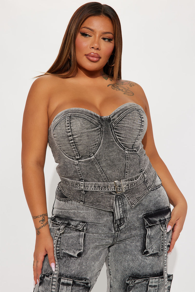 No Invite Denim Corset Top - Acid Wash Black