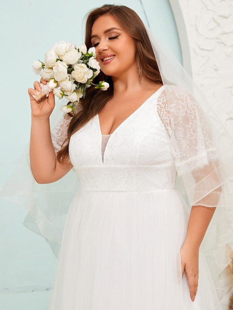 LUSARA'S BRIDE|Dreamy Plus Size V-Neck Lace Short Sleeves Tulle Wedding Dresses