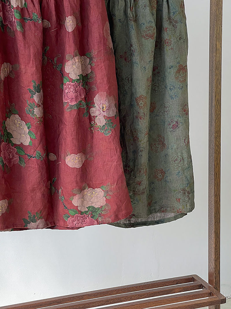 Plus Size Women Summer Vintage Flower Loose 100%Linen Skirt