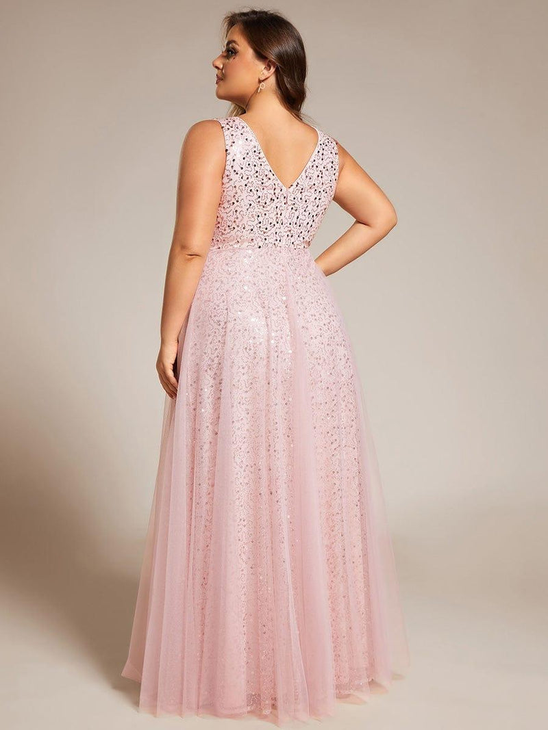 pretty HILLARY|Plus Size Sequin V-Neck Sleeveless Empire Waist Tulle Formal Evening Dress