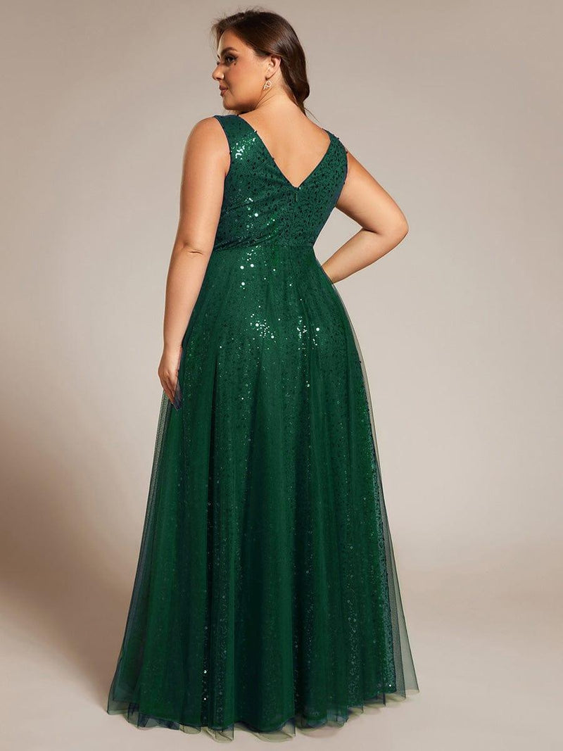 pretty HILLARY|Plus Size Sequin V-Neck Sleeveless Empire Waist Tulle Formal Evening Dress