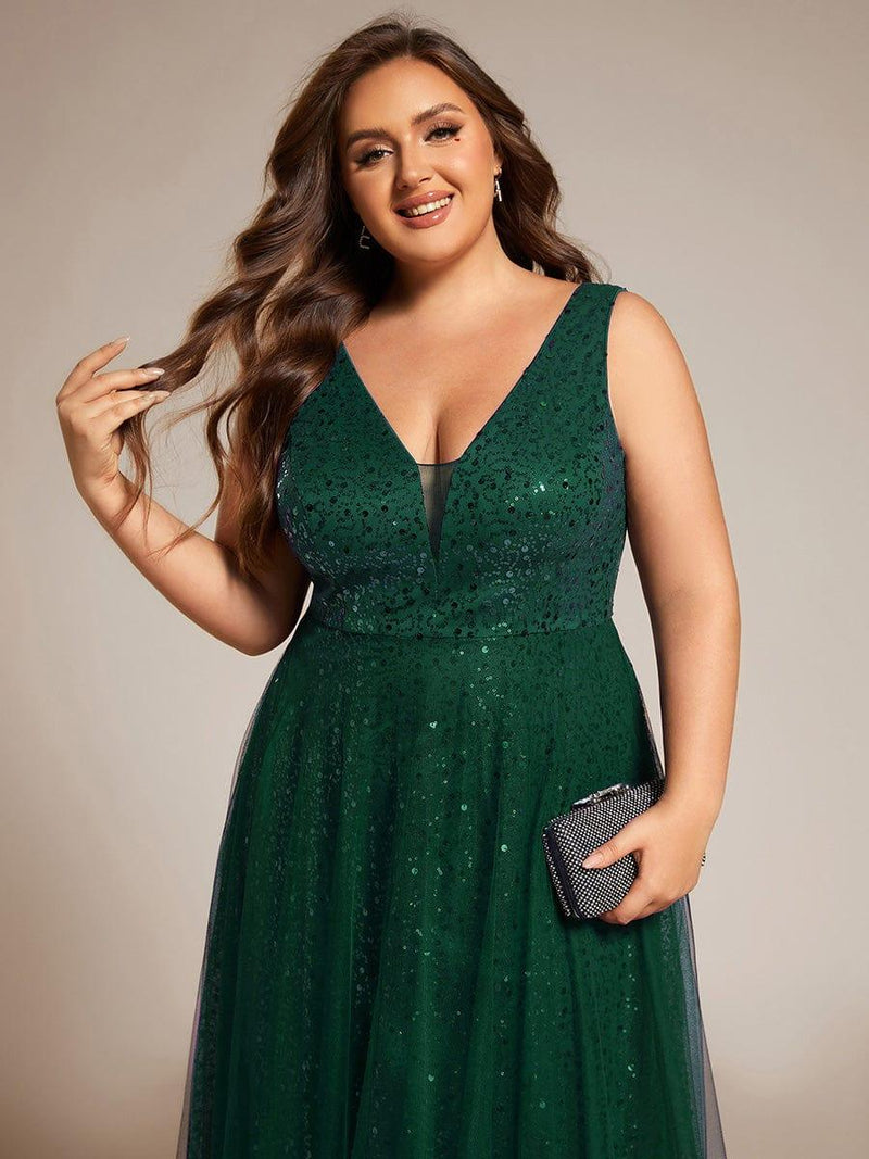 pretty HILLARY|Plus Size Sequin V-Neck Sleeveless Empire Waist Tulle Formal Evening Dress