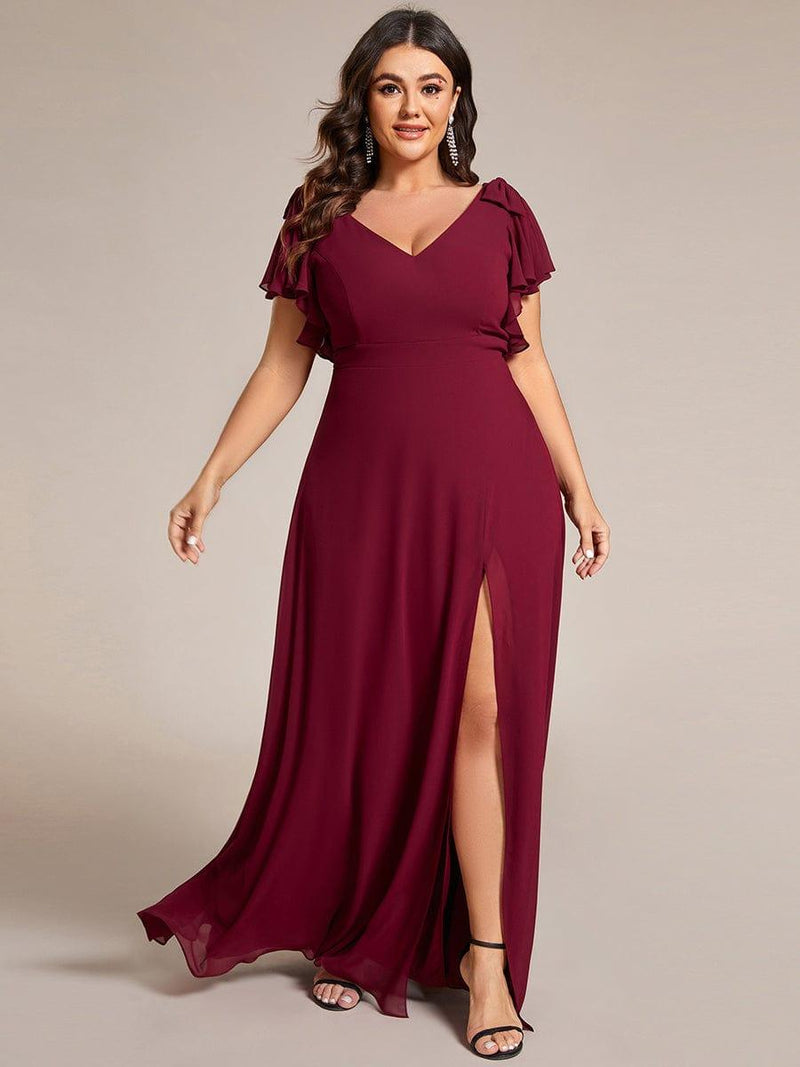pretty ROSY|Plus Size Split Ruffles Sleeves with Bowknot Double V-neck Chiffon Bridesmaid Dress