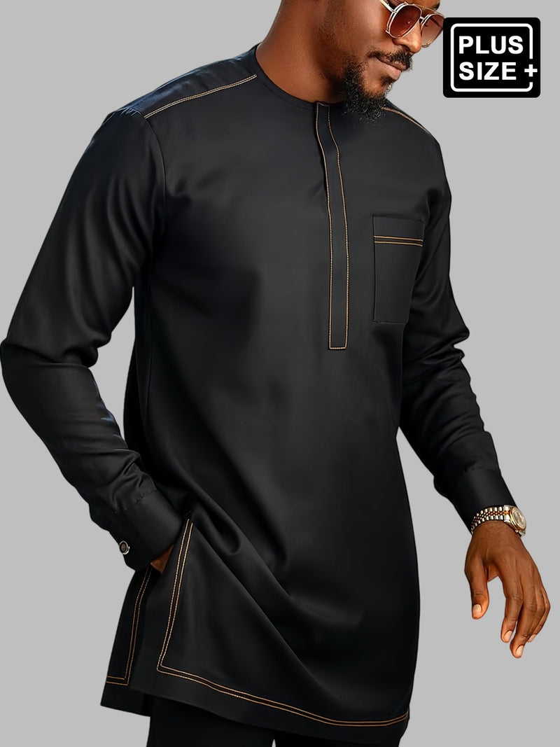 Plus Size Long Sleeve Black Embroidered Men's Set
