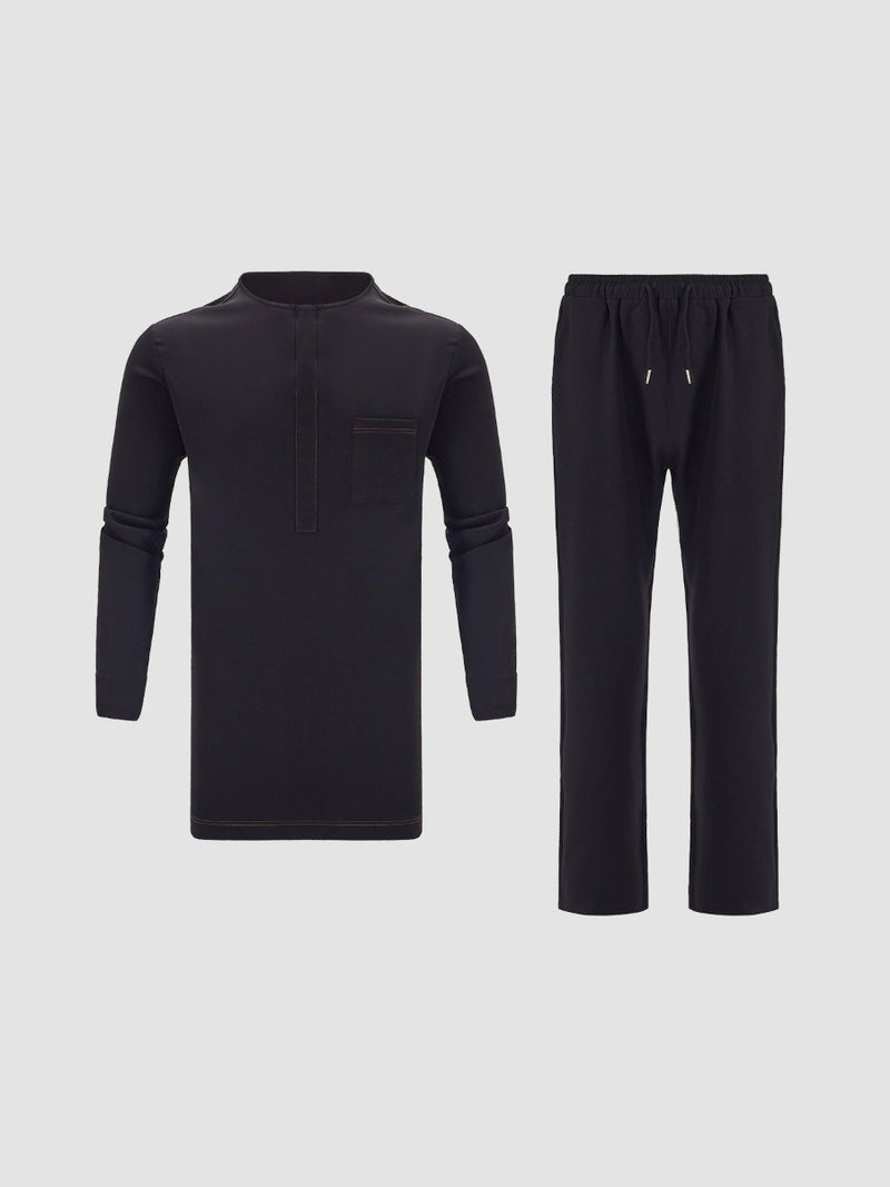 Plus Size Long Sleeve Black Embroidered Men's Set