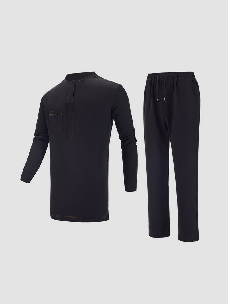 Plus Size Long Sleeve Black Embroidered Men's Set