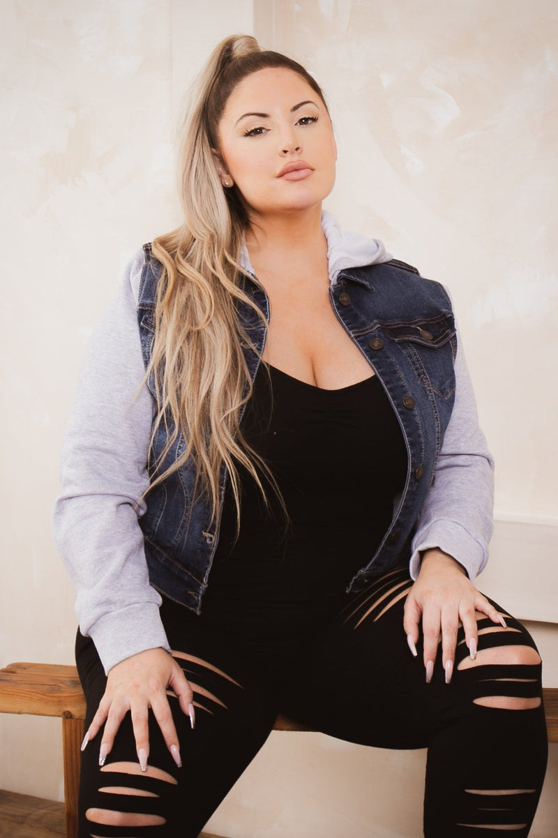 Plus Size Denim Hoodie Trucker Jacket - Dark Wash